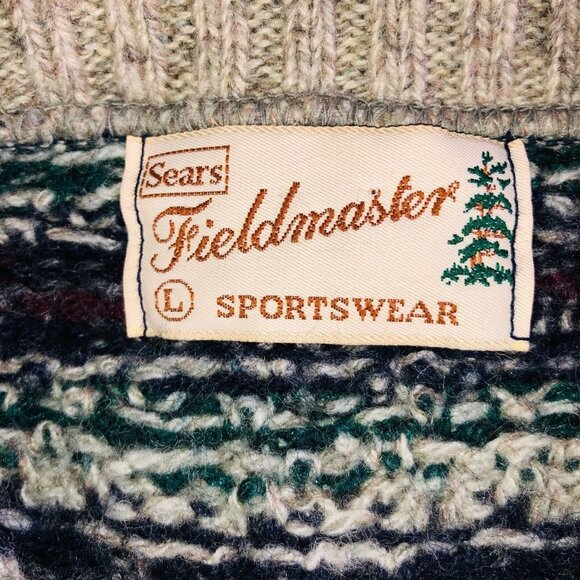 Vintage Fieldmaster Mens L Sweater Tan Gray Green Long Sleeve Crew Neck Wool - Picture 7 of 8